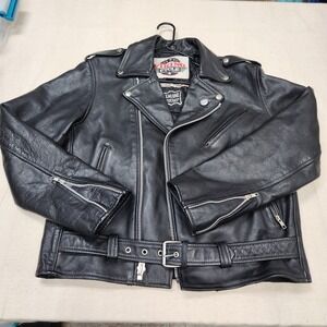Viking Cycle Mens Medium Genuine Leather Motorcycle Biker Jacket Black Belted